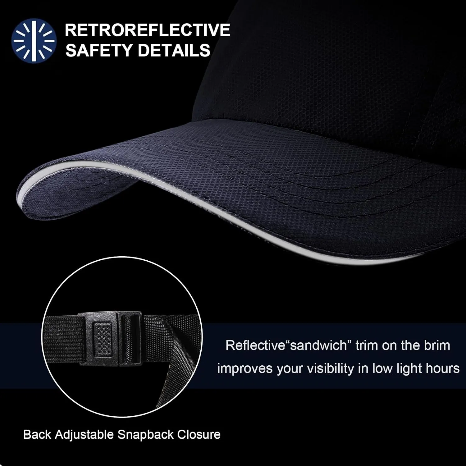 XXL Mens Quick Dry Baseball Cap Cooling Breathable Mesh Sports Cap Lightweight Run Hat with Reflective Trim