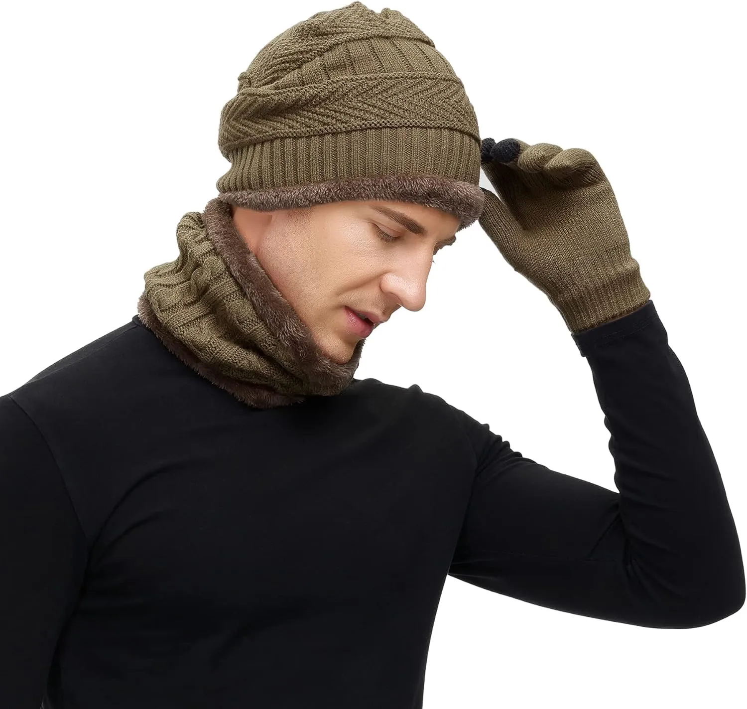 Zando Beanie Hats Fleece Neck Warmer Set Thick Fleece Lined Touch Screen Gloves Winter Hats Men Women