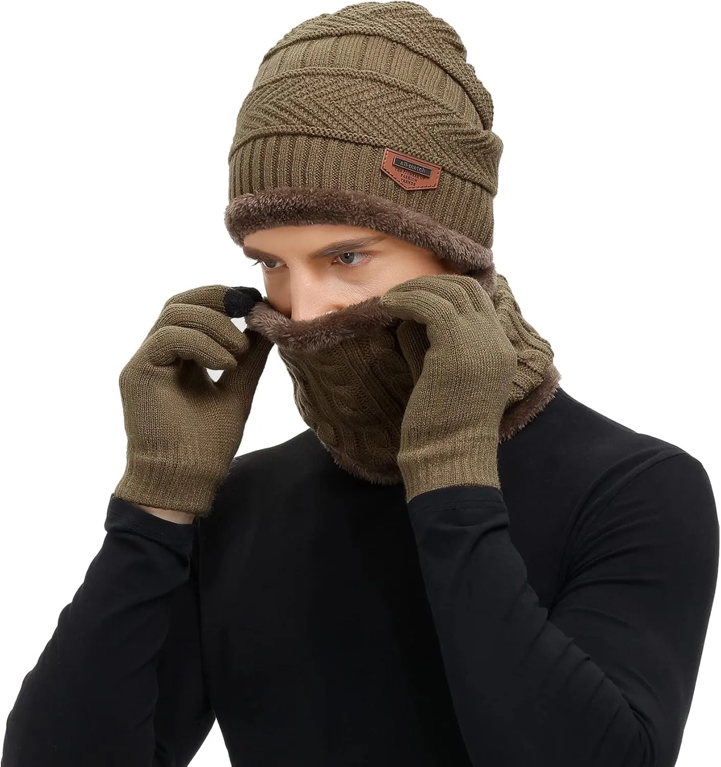 Zando Beanie Hats Fleece Neck Warmer Set Thick Fleece Lined Touch Screen Gloves Winter Hats Men Women
