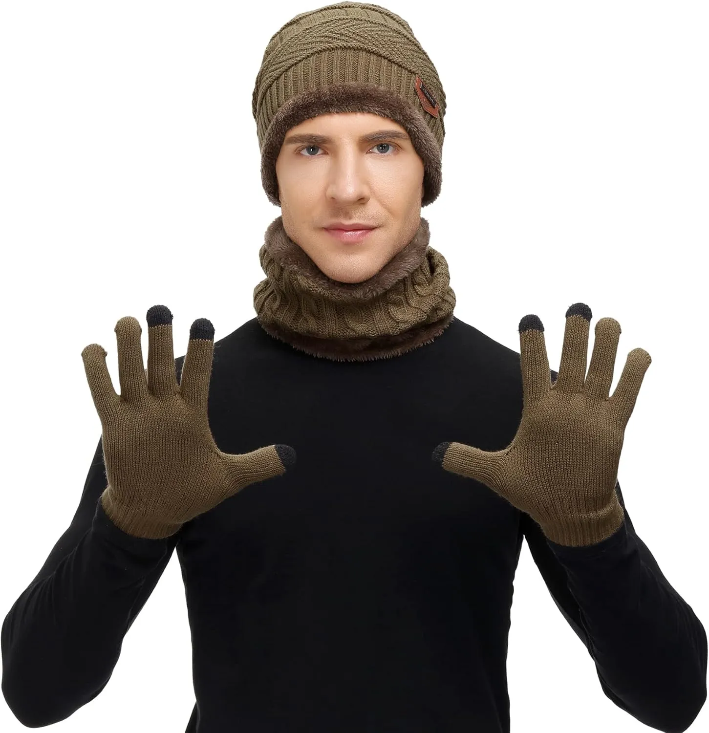 Zando Beanie Hats Fleece Neck Warmer Set Thick Fleece Lined Touch Screen Gloves Winter Hats Men Women