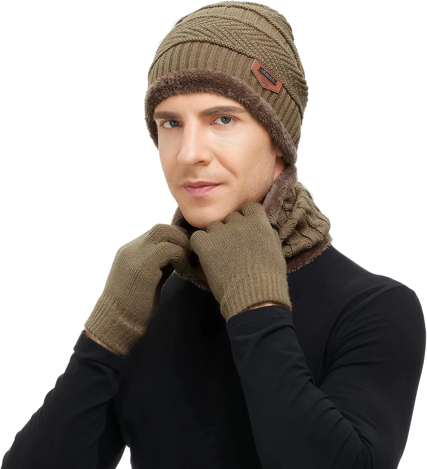 Zando Beanie Hats Fleece Neck Warmer Set Thick Fleece Lined Touch Screen Gloves Winter Hats Men Women