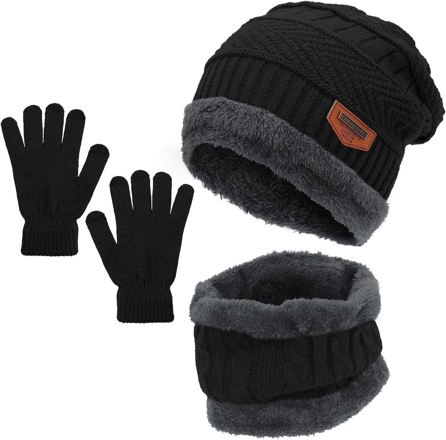 Zando Beanie Hats Fleece Neck Warmer Set Thick Fleece Lined Touch Screen Gloves Winter Hats Men Women